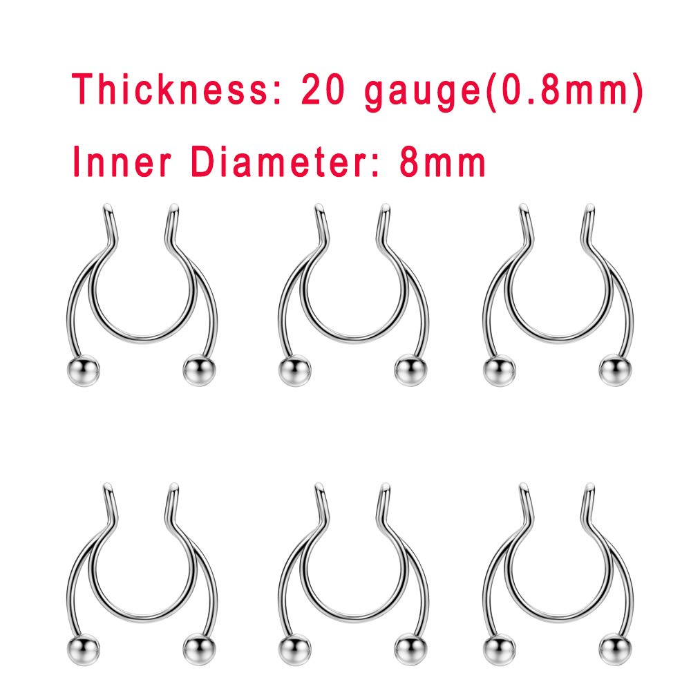 JOFUKIN 6pcs Silver Stainless Steel Fake Septum Nose Rings Flexible Non Pierced Fake Horseshoe Septum Piercing Clip On Nose Rings with Fixed Balls