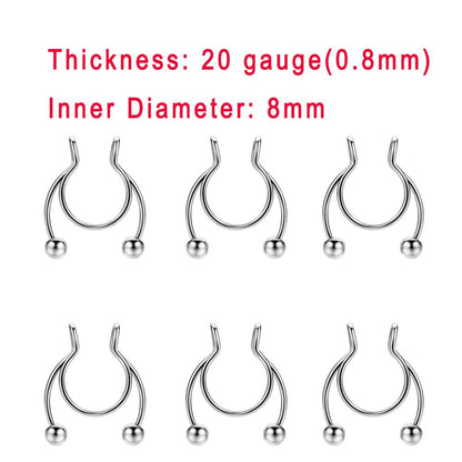 JOFUKIN 6pcs Silver Stainless Steel Fake Septum Nose Rings Flexible Non Pierced Fake Horseshoe Septum Piercing Clip On Nose Rings with Fixed Balls