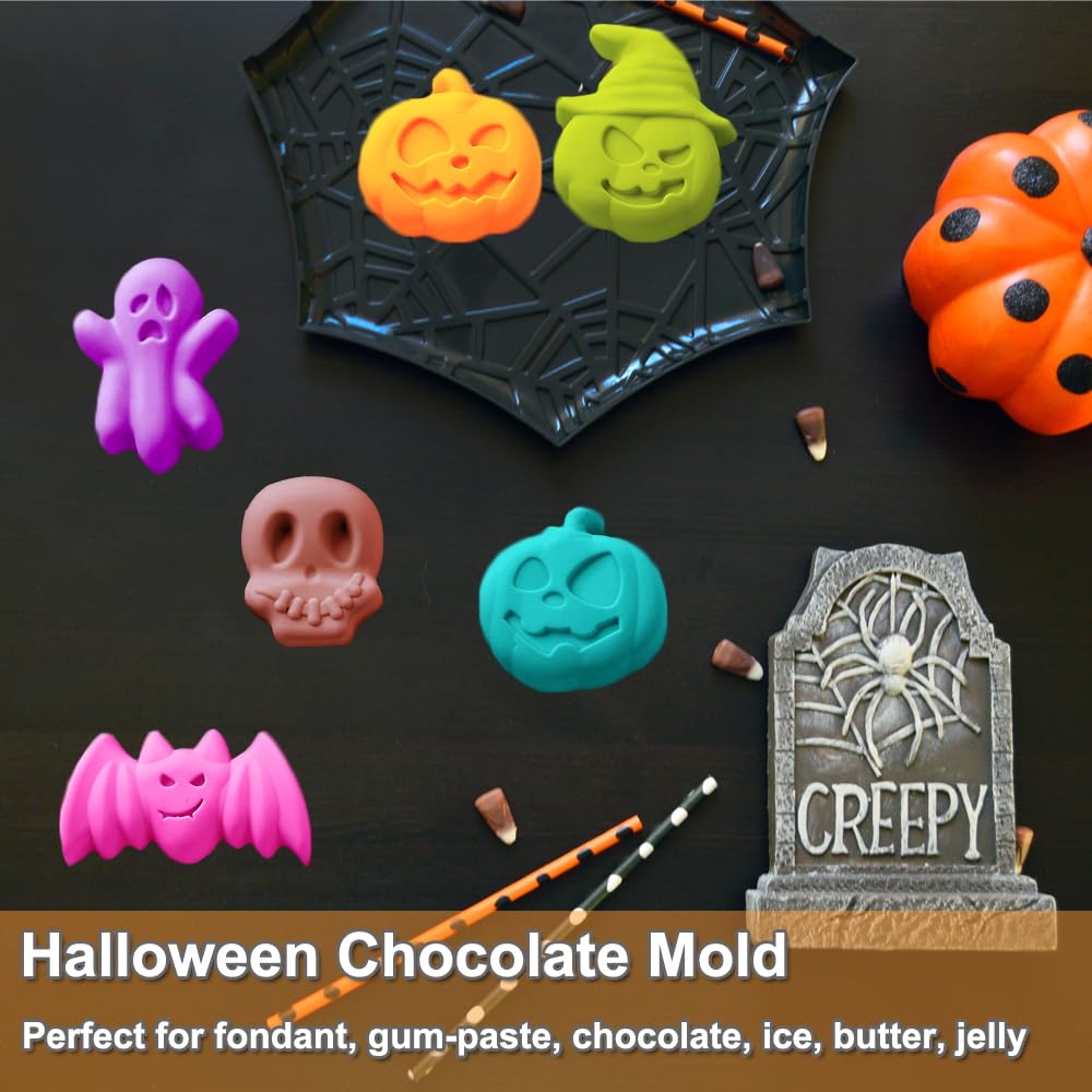 2 Pack Halloween Silicone Cake Mold Pumpkin Bat Skull Ghost Shape Silicone Mold for Chocolate Candy Gummy Jello Ice Cube Crayon Melt Biscuits, Soap Molds Silicone Baking Mold Making Kit for Kids