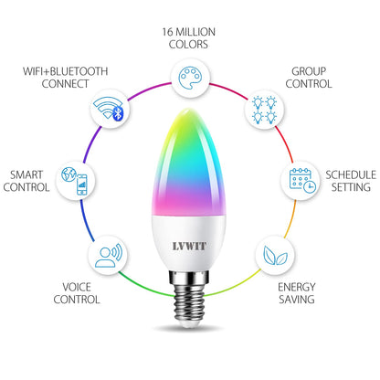 LVWIT E14 Smart Bulb,Alexa Light Bulbs,C37 RGB Smart Candle Bulbs,470Lm,4.9W Replace 40 Watt Screw Smart Bulb Work with Alexa,Echo and Google Assistant,Tuya(Pack of 4)