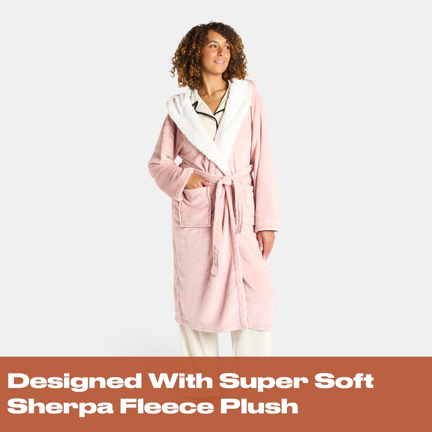 Sienna Hooded Dressing Gowns for Women UK Super Soft Flannel Fleece Sherpa Lined Fluffy Mens Luxurious Comfy Cosy Bathrobe - Blush Pink