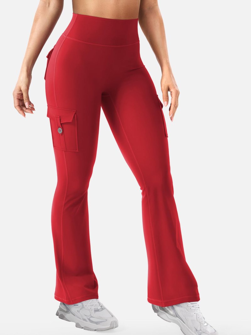YEOREO CoreFlex Women Workout Flare Leggings with Pockets Scrunch Cargo Gym Yoga Leggings 28" Inseam Red S