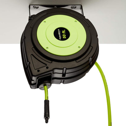 Flexzilla Retractable Enclosed Plastic Air Hose Reel, 3/8 in. x 50 ft., Heavy Duty, Lightweight, Hybrid, ZillaGreen - L8250FZ