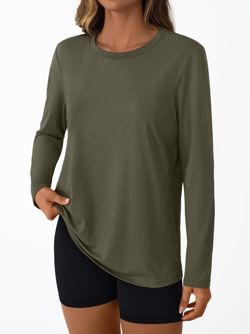 AUTOMET Women's Long Sleeve Workout Tops UPF 50+ Sun Shirts UV Protection for Running Hiking Quick Dry Rash Guard Army Green M