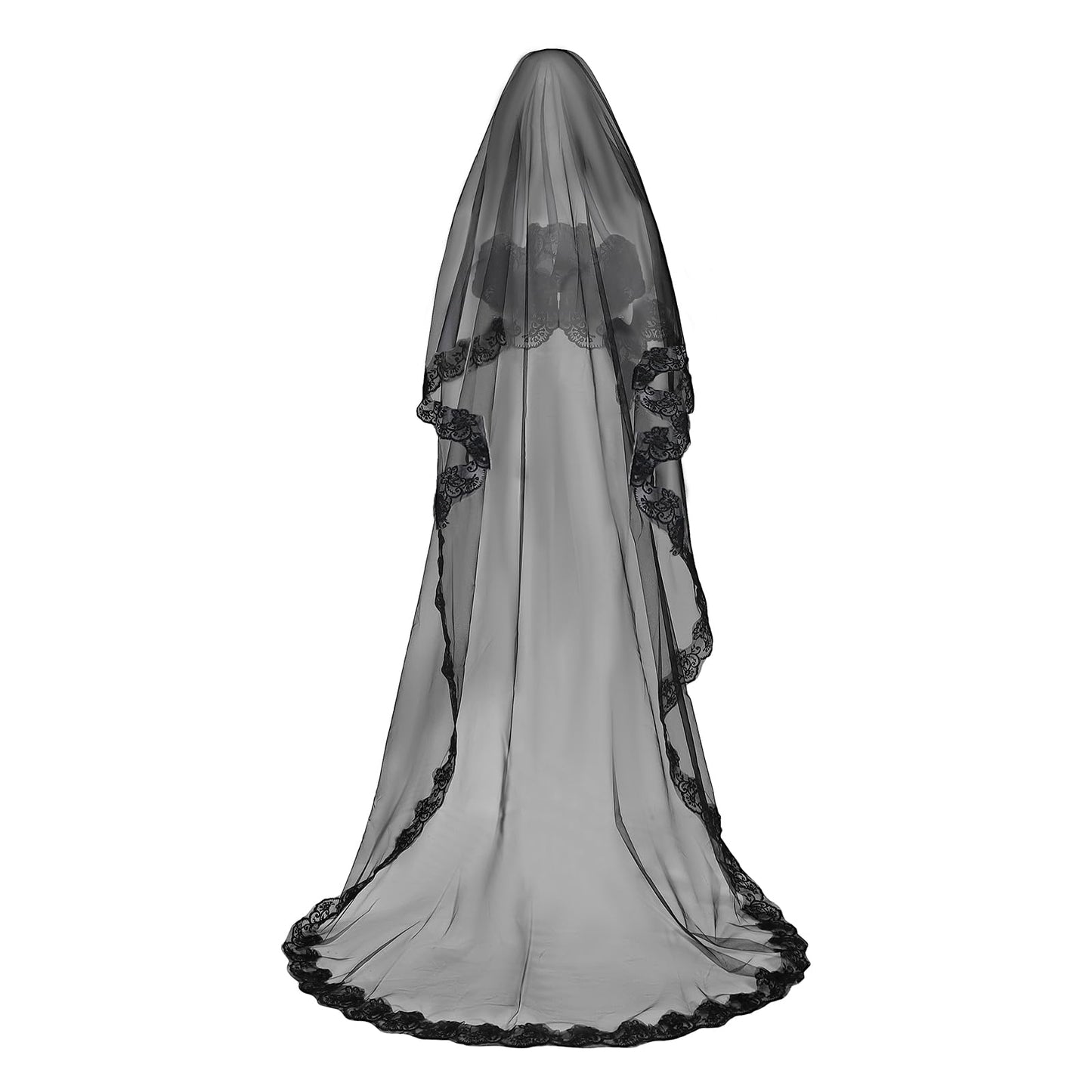 TINAYAUE 1 Tier Black Lace Veil Bridal Wedding Dress Veil Classic Sheer Bride Long Shawl Tulle Halloween Witch Cos Headdress