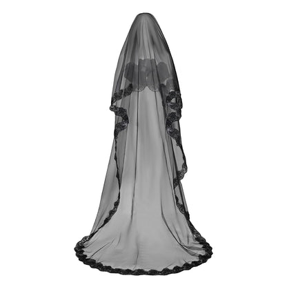 TINAYAUE 1 Tier Black Lace Veil Bridal Wedding Dress Veil Classic Sheer Bride Long Shawl Tulle Halloween Witch Cos Headdress
