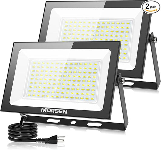 MORSEN 100W Flood Lights Outdoor, 18000lm Bright LED Work Light with Plug, 6500K Daylight White LED Flood Lighting, IP66 Waterproof Security Yard Lights for Yard Garage Stadium 2 Pack