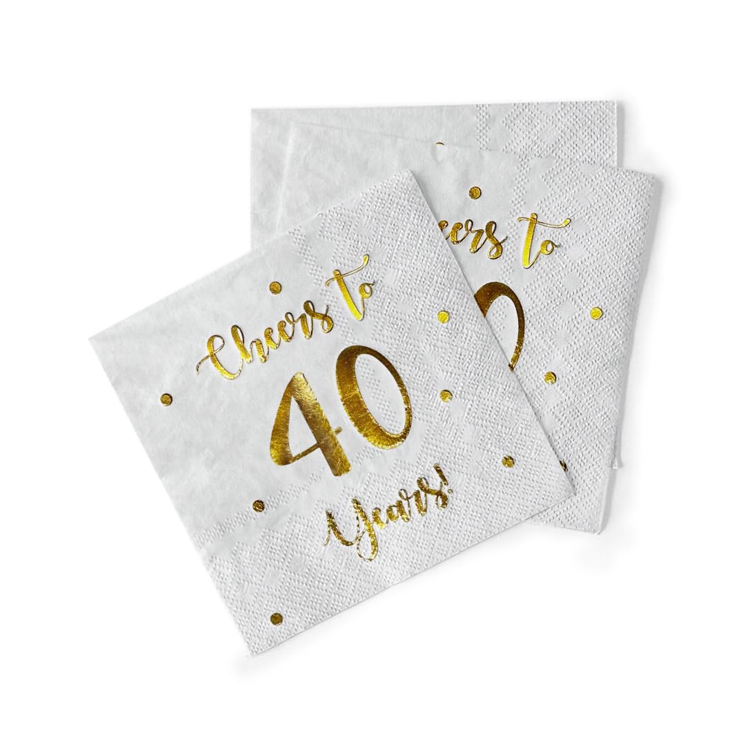 Cheers to 40 Years Cocktail Napkins | Happy 40th Birthday Decorations for Men and Women and Wedding Anniversary Party Decorations | 50-Pack 3-Ply Napkins | 5 x 5 inch folded (White)