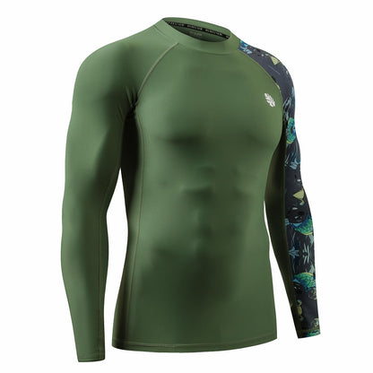 HUGE SPORTS Men's Rash Guard Long Sleeves UPF 50+ UV Sun Protection Quick Drying Splice Compression Swim Shirts