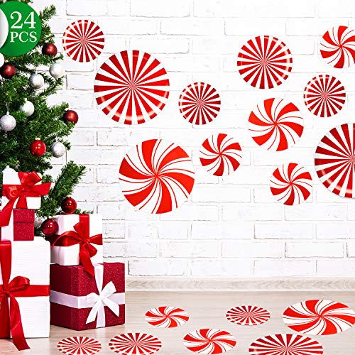 Outus 24 Pieces Christmas Peppermint Floor Decals Stickers for Christmas Decoration Candy Party Supply Red and White Large Decals for Floors, Windows, Counters and Walls