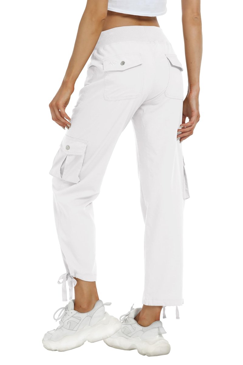 MoFiz Women's Hiking Cargo Athletic Pants Casual Travel Loose Lightweight Quick Dry Breathable Running Joggers Outdoor Button Pockets White S