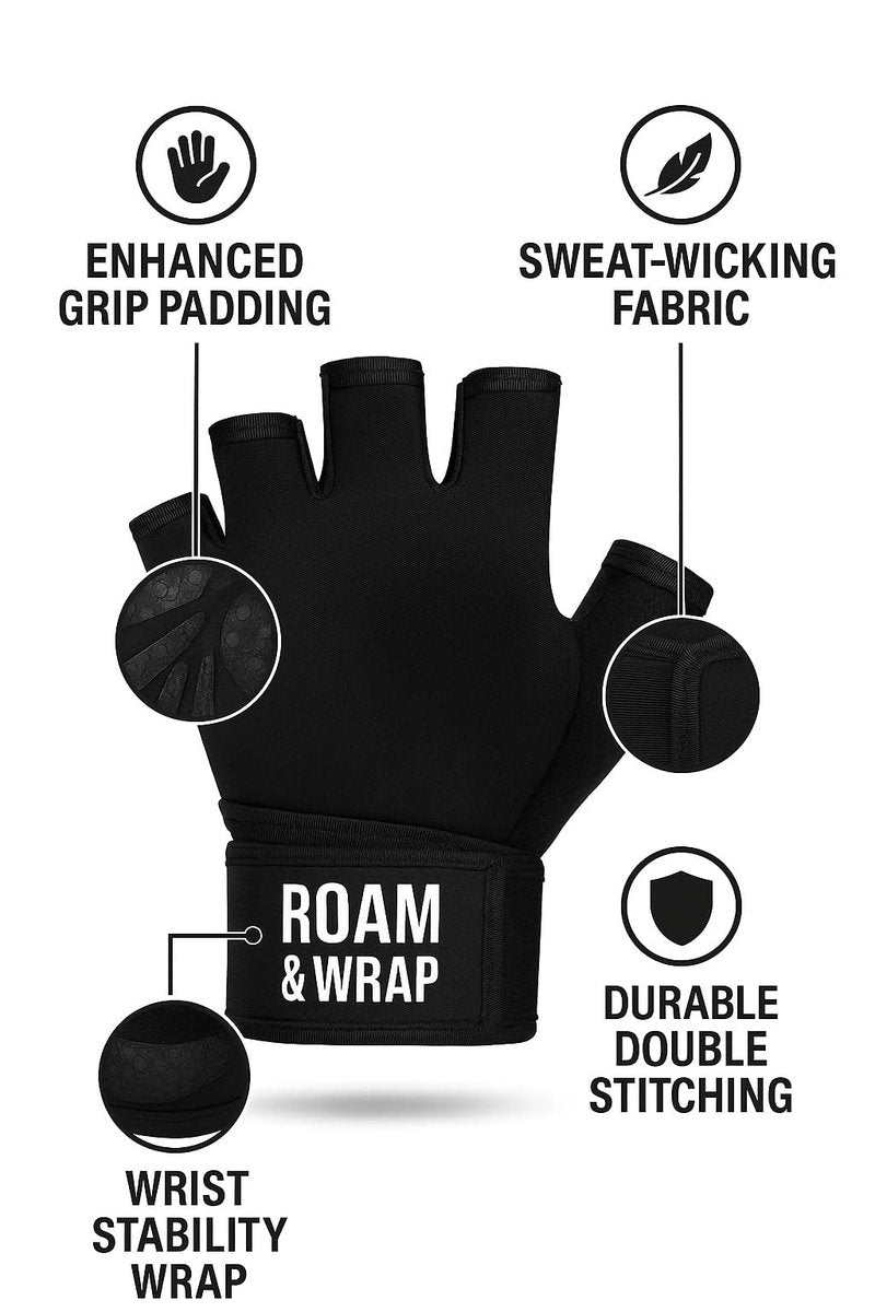 Roam & Wrap - Premium Weightlifting Gloves for Men & Women – Full Palm Protection, Non-Slip Grip, Wrist Support Straps, Breathable Workout Gloves for Gym & Training