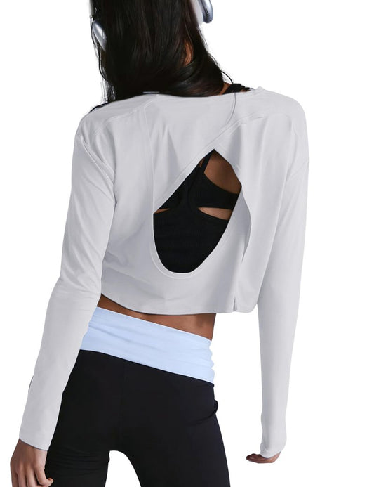 Lviefent Womens Open Back Workout Tops Long Sleeve Cropped Athletic Shirts Blouse Layer Gym Sportswear (White-S)