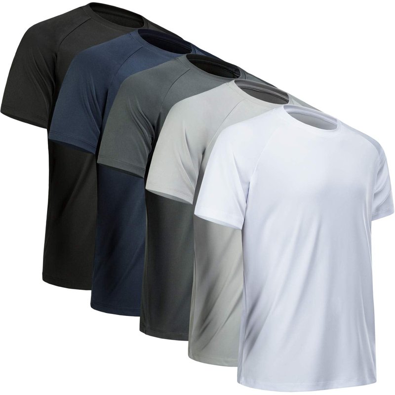 MCPORO Workout Shirts for Men Short Sleeve Quick Dry Athletic Gym Active T Shirt Moisture Wicking 5 Pack Black, Dark Grey, Light Grey, White, Navy XX-Large