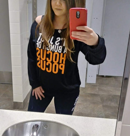 It's Just a Bunch Of Hocus Pocus Sweatshirt Women Halloween Off The Shoulder Tops Funny Graphic Pullover Top Black