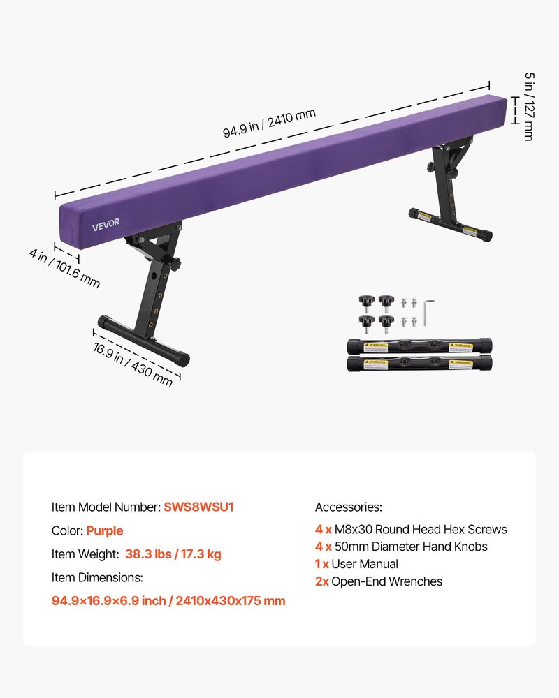 VEVOR Adjustable Balane Beam for Kids, 8FT Gymnastics Beam, High and Low Floor Beams of 5 Adjustable Heights for All Gymnastic Levels, Professional Gymnastic Equipment for Home and Gym Center, Purple