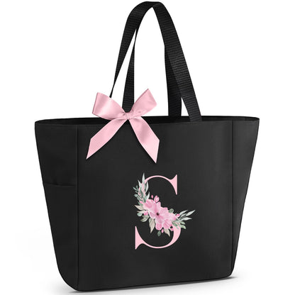 Vavabox A-Z Initial Personalized Tote Bag,Waterproof Gifts for Women, Bridesmaids,Mom,Teachers,Friends (S, Black)