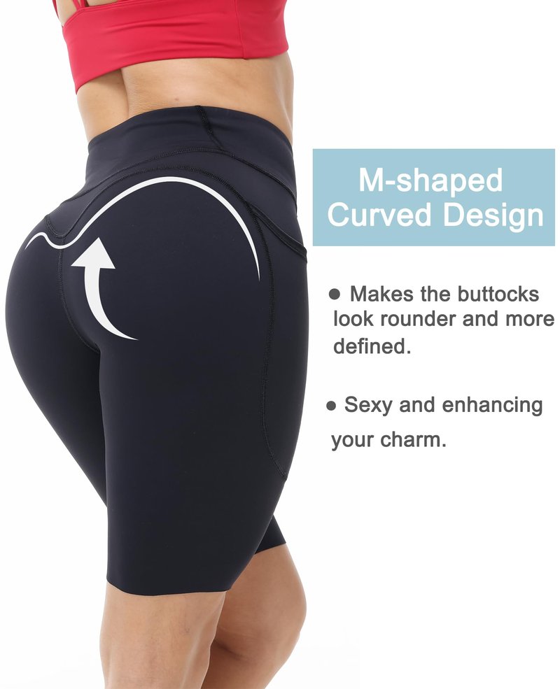 MotoRun Biker Shorts Women Tummy Control with Pockets - High Waisted Workout Shorts No Front Seam Black Yoga Short Leggings Medium