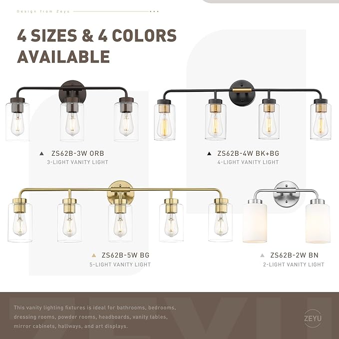 zeyu 4-Light Bathroom Light Fixtures, Gold Vanity Lights for Bathroom, 31 Inch Wall Sconce Lighting, Brushed Gold Finish, Clear Glass Finish, ZS62B-4W BG