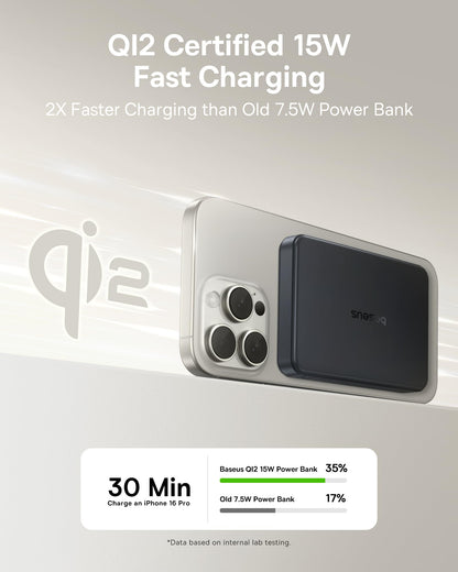 Baseus Magsafe Portable Charger for iPhone, 10,000mAh 15W Magnetic Power Bank, Qi2 Certified Fast Charging Wireless Battery Pack, 22.5W USB-A & 20W USB-C for iPhone 17/16/15/14/13/12, 2025 Version