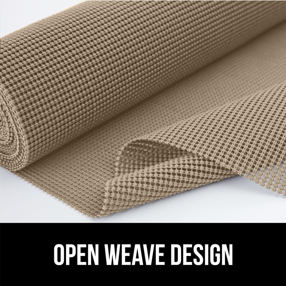 GORILLA GRIP powerGRIP Drawer Shelf and Cabinet Liner, Thick Strong Hold, Non-Adhesive Liners Protect Kitchen Cabinets and Cupboard, Bathroom Drawers, Easy Install, Breathable Mat, 12" x20', Beige