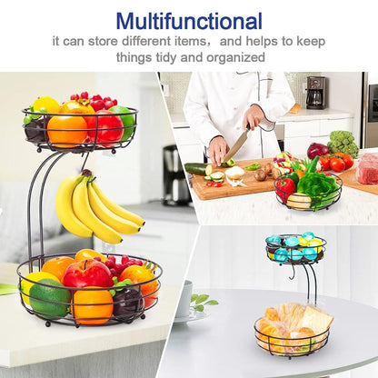Auledio Iron 2-Tier Countertop Fruit Vegetables Basket Bowl Storage With Banana Hanger, Black, 64 ounces