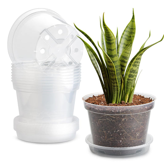 7 Pack 8 Inch Clear Nursery Pots with Saucer, Transparent Plastic Plant Pot with Drainage Holes, Sturdy Plant Starter Pots, Planter Pot for Planting Succulent Flower Herb Vegetable, Gardening Gifts