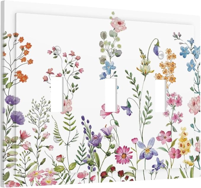 Rustic Wild Floral Vintage Watercolor Flower 3 Gang Wall Plates Decorative Triple Toggle Light Switch Cover Electrical Switchplate Unused Decorate Faceplate for Bathroom Home