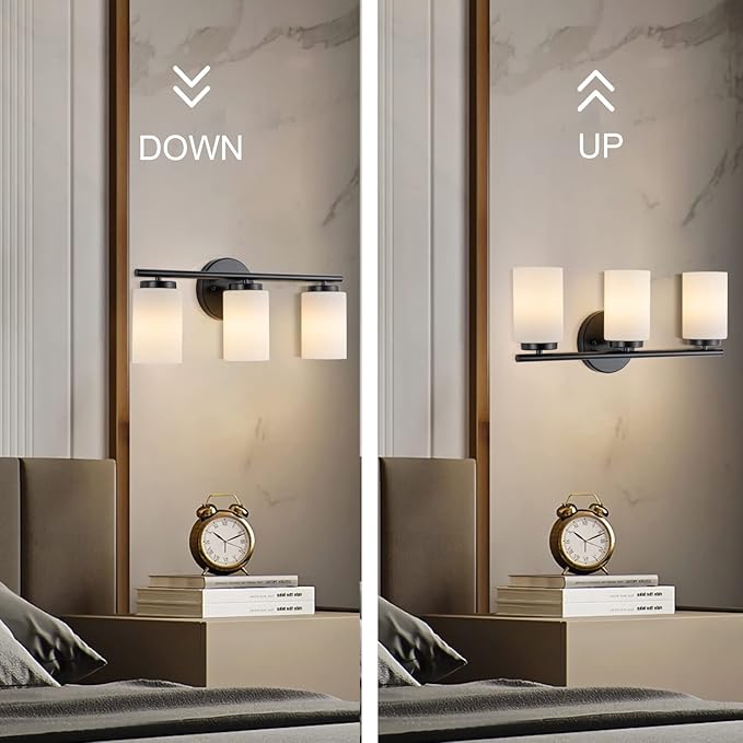 3-Light Bathroom Vanity Lighting Fixture, Industrial Black Wall Light Sconce Frosted Milky White Glass Shade