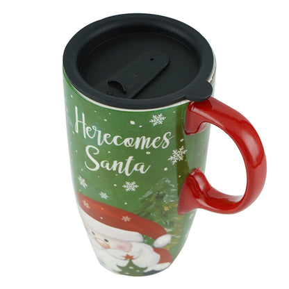 Topadorn 17oz Christmas Ceramic Travel Coffee Mug with Sealed Lid Tea Cup with Color Box, Microwave & Dishwasher Safe, Unique Coffee Mug for Latte & Hot Chocolate, Christmas Home Gifts, Santa