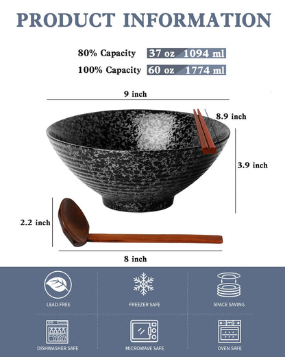 Kanwone Ceramic Japanese Ramen Bowl Set, Noodle Soup Bowls - 60 Ounce, with Matching Spoons and Chopsticks for Udon Soba Pho Asian Noodles, Set of 2, Black