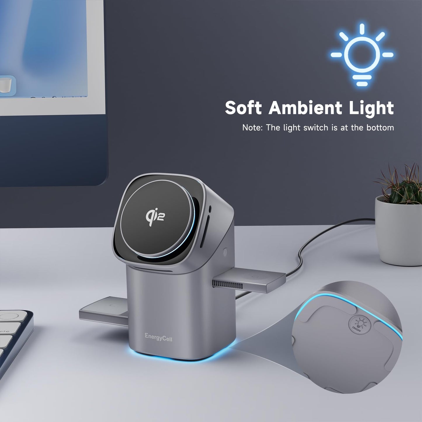 EnergyCell Rotating Wireless Charger, Qi2 Certified 2X Faster 15W for iPhone Charging Station 16/15/14/13/12, Apple Watch, AirPods, 3 in 1 Charging Station Apple Magnetic with Heat Dissipation, Grey