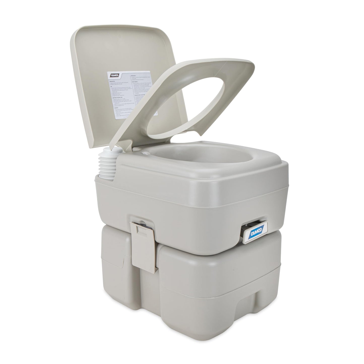 Camco 5.3-Gallon Portable Toilet - Features Detachable Holding Tank w/Sealing Slide Valve & Bellow-Type Flush - Easy Transport w/Compact Lightweight Design & Carry Handle - Gray (41541)