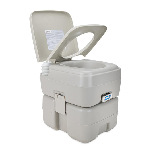 Camco 5.3-Gallon Portable Toilet - Features Detachable Holding Tank w/Sealing Slide Valve & Bellow-Type Flush - Easy Transport w/Compact Lightweight Design & Carry Handle - Gray (41541)
