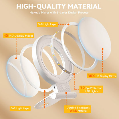 Auxmir 30X Magnifying Mirror, Double Sided 1X /30X Makeup Mirror with Light, Folding Lighted Rechargeable Beauty for Travel, Rotating 3 Color Lights, Dimmable Touch Screen