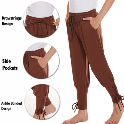Medieval Ankle Banded Pirate Pants for Boys, Kids Renaissance Viking Pirate Costume, Halloween Cosplay Gothic Striped Pants Trousers (10-12 Years, Coffee)
