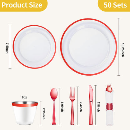 Goodluck 350 Piece Red Plastic Dinnerware Set for Party, Clear Disposable Plates for 50 Guests, Include: 50 Dinner Plastic Plates, 50 Dessert Plates, 50 Pre Rolled Napkins with Cutlery Set, 50 Cups