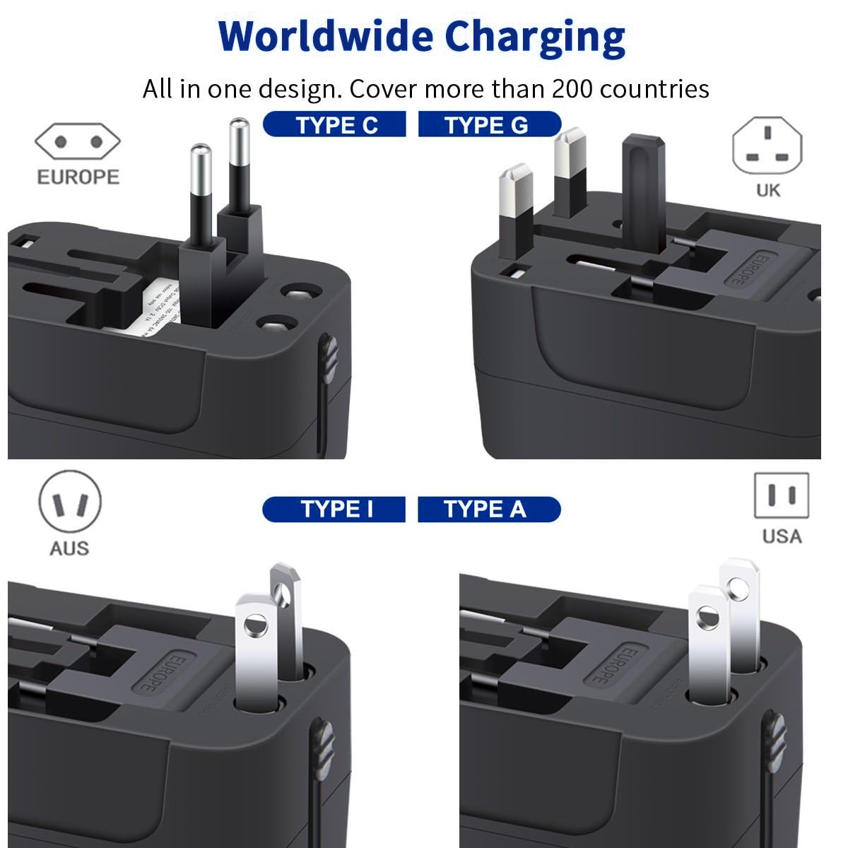 Universal Travel Adapter Worldwide, GaN Fast Charging with PD 3.0 USB-C & USB-A Quick Charge Ports, All-in-One International Power Plug Adapter Converter AC Wall Charger for Europe USA UK AUS Black