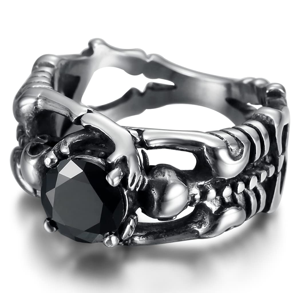 Retro Vintage Stainless Steel Skeleton Skull Gothic Wedding Halloween Statement Biker Ring (Silver Black, 4)