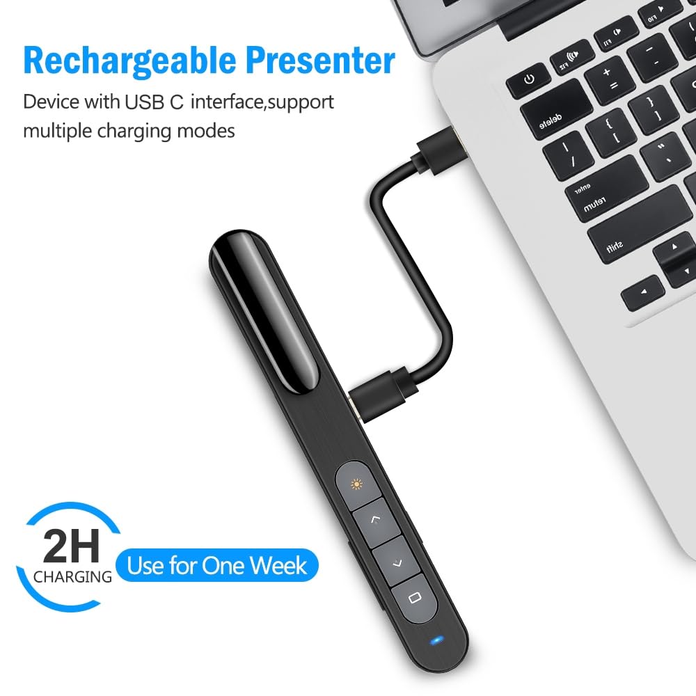 DinoFire USB C Rechargeable Presentation Remote with Red Light,Wireless Preseter PPT Slide Clicker Advancer for MacBook Laptop Computer