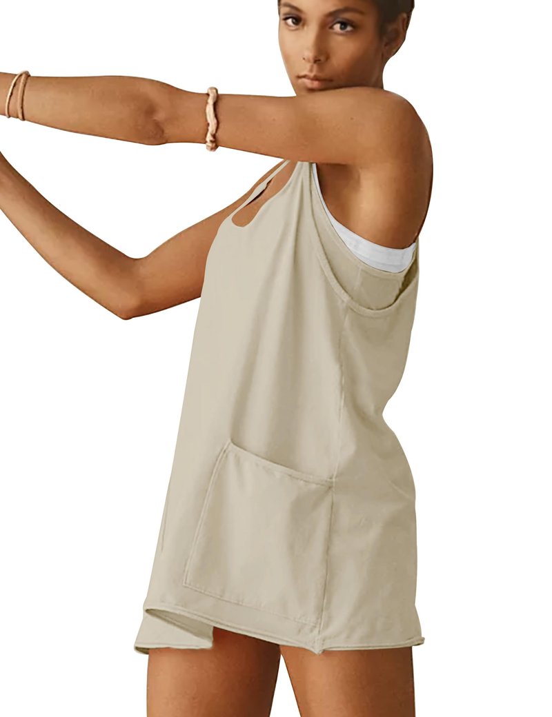 VIUTIL Womens Athletic Dress Built in Shorts Hot Shot Mini Dress Spaghetti Straps Tennis Workout 2026 Summer Romper Dress, Khaki, Medium