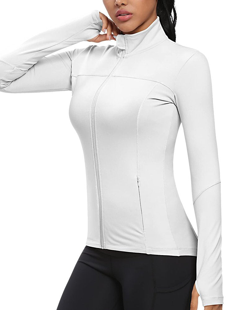 GYM RAINBOW Workout Jackets for Women, Full Zip Slim Fit Lightweight Athletic Running Sports Track Jacket with Pockets(1-White,Medium)