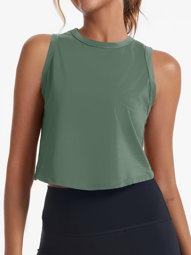 Fisoew Women's Workout Cropped Tank Top Racerback Back Slit Sleeveless Crewneck Running Yoga Active Shirt Army Green