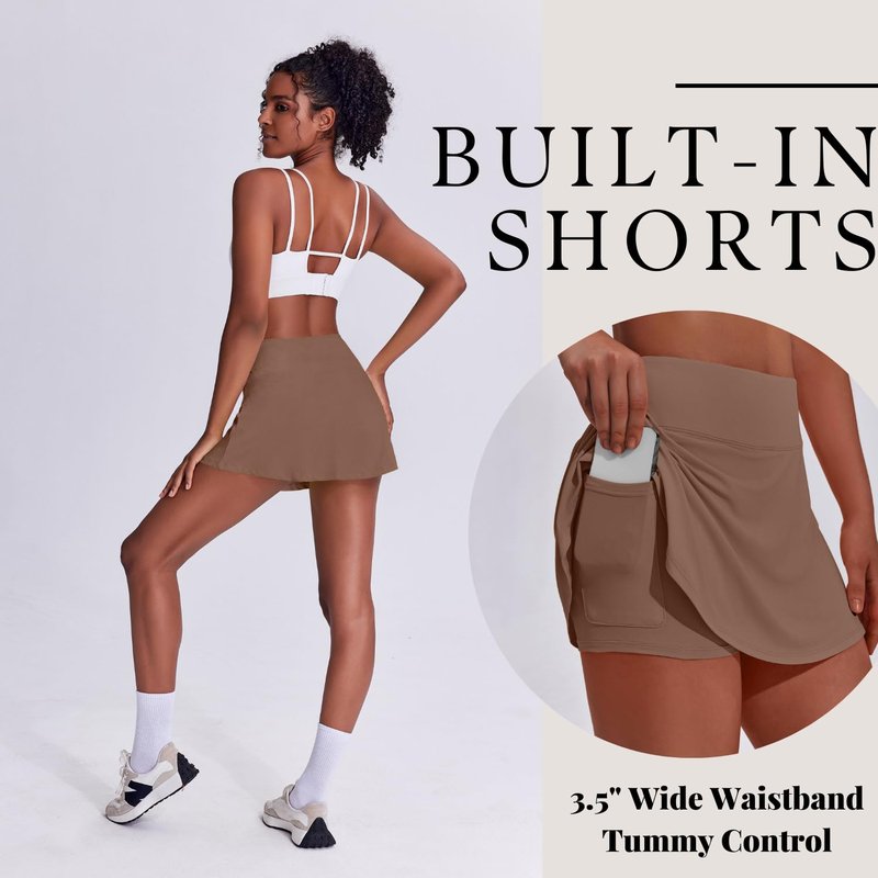 PINSPARK Women Tennis Skirt Skorts for Women with Pockets Pleated Golf Skirts with Pocket Pickleball Skort,Brown Small