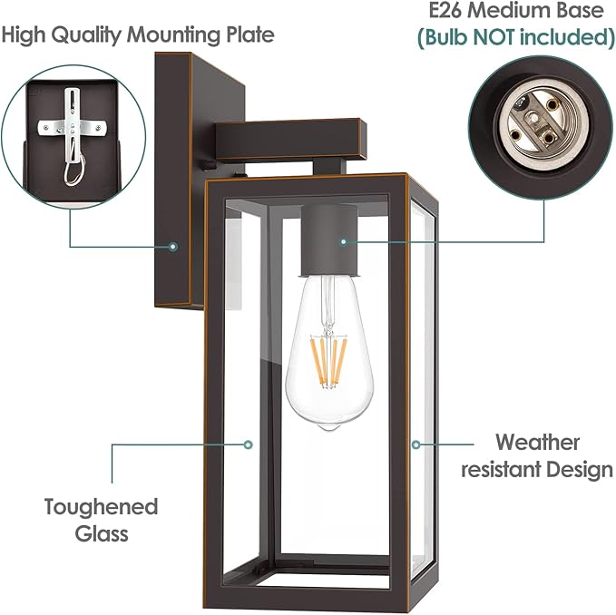 MAXvolador Outdoor Wall Sconce, Exterior Waterproof Wall Lantern Light Fixture, Oil Rubbed Bronze Porch Lights, Anti-Rust E26 Patio Lighting, 2 Pack