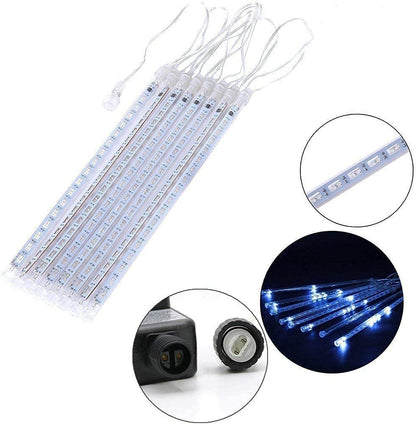 Kordain Outdoor Christmas Lights, Falling Rain Meteor Shower 12 inch 8 Tubes 144 LED Snow Icicle Cascading Fairy String Lights for Holiday Wedding Party Garden Tree Decor, UL Plug, Blue