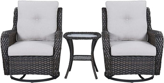 Rilyson Wicker Rocking Chair Swivel Chairs - 3 Piece Rocker Patio Furniture Set Rattan Rocking Bistro Sets with Glass Top Side Table for Outdoor Porch Deck Garden Backyard (Brown/Beige)
