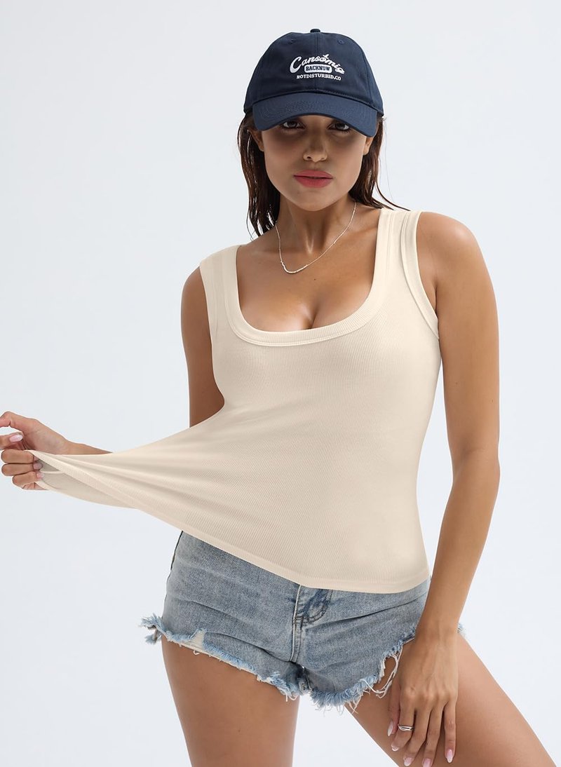 SVALIY Summer Womens Tank Tops 2025 Square Neck Fitted Sleeveless Shirts for Women Ribbed Basic Top Apricot