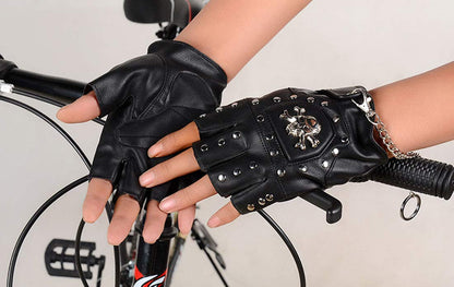 Steampunk Gothic Gloves Mens Vintage Geuuine Leather Captain Fingerless Mittens (Ring Black (A Pair))