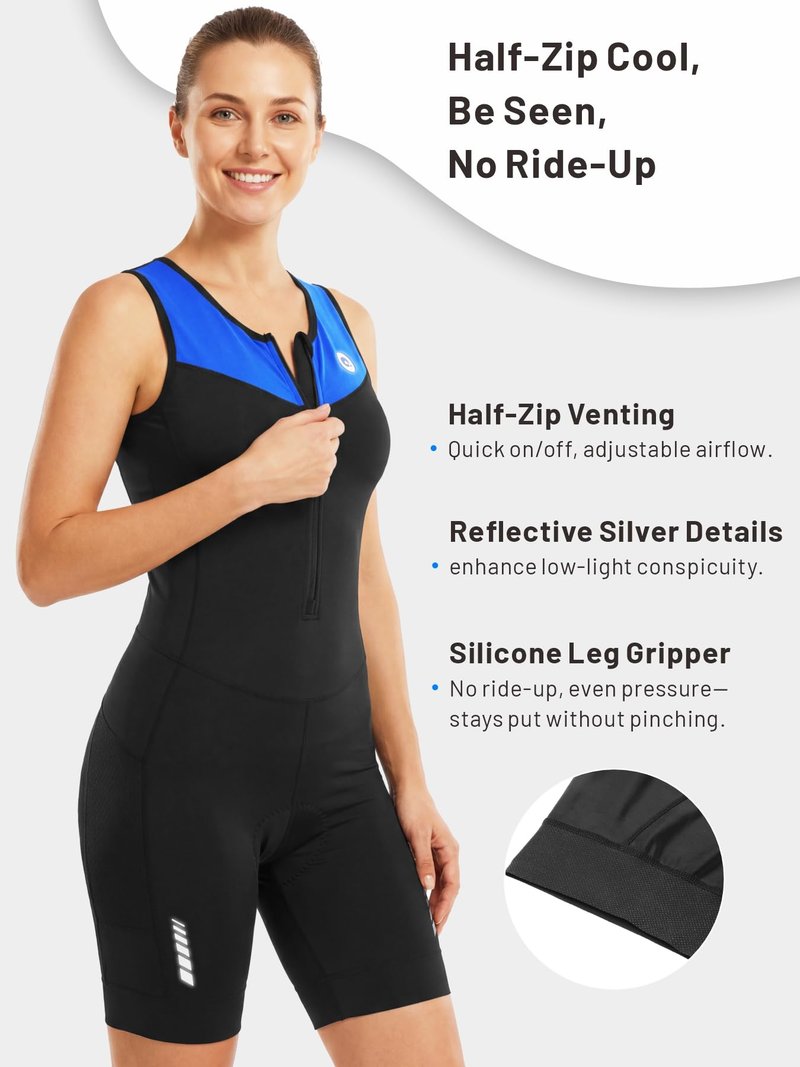 Women's Sleeveless Triathlon Suit One-Piece Trisuit for Swim Bike Run, Aero Fit, Race & Training, Padded, 2 Pockets Blue